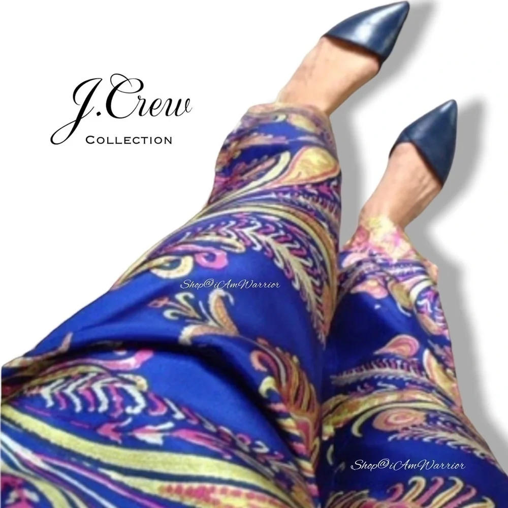 J.Crew Collection marine blue silk paisley/feather pull-on pants shop@iamwarrior